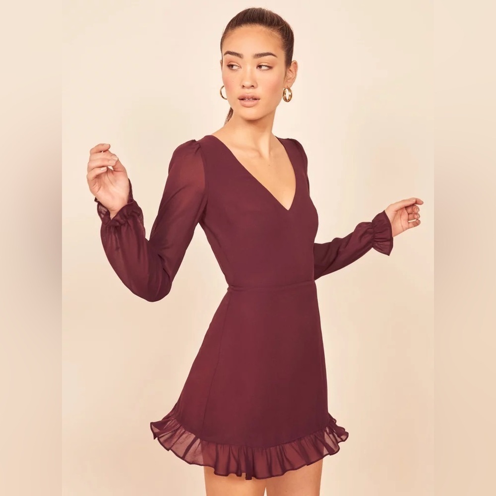 NWOT Reformation Deep Red Long Sleeve Mini Dress in Burgundy Size 0